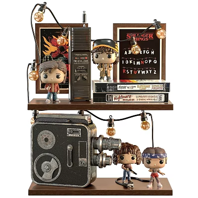 Vintage Decorative Ornament Set With Film Projector Figurines String Lights Posters And Books On Shelf 3d model