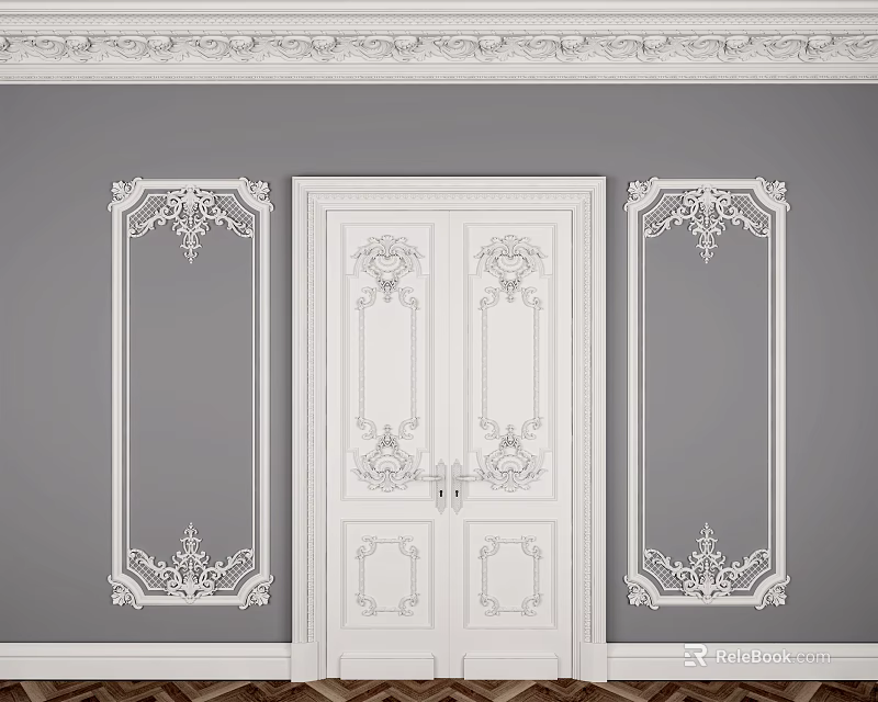 Elegant Classical Interior Featuring Ornate Double Doors With Symmetric Decorative Panels 3d model 