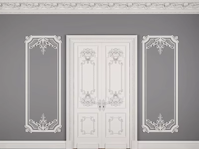 Elegant Classical Interior Featuring Ornate Double Doors With Symmetric Decorative Panels 3d model