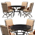 Modern Round Black Table And Striped Fabric Chairs With Orange Cushions Metal Frame