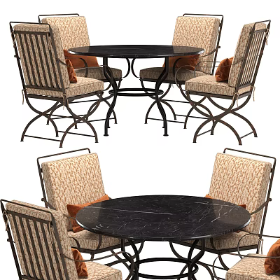 Modern Round Black Table And Striped Fabric Chairs With Orange Cushions Metal Frame 3d model