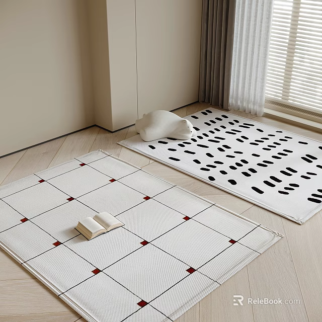 Square Rugs With Red Grid Pattern And Black Abstract Spots On Indoor Wooden Floor 3d model 