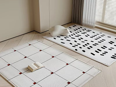Square Rugs With Red Grid Pattern And Black Abstract Spots On Indoor Wooden Floor 3d model