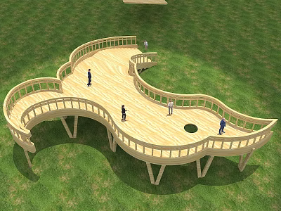 Outdoor Curved Wooden Walkway Structure On Green Grassland With People Walking 3d model