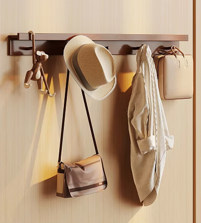 Wall Mounted Coat Rack With Straw Hat Light Jacket And Leather Shoulder Bag 3d model