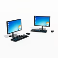 Two Desktop Computer Monitors With Blue Screens Keyboard And Mouse Setup 3d model