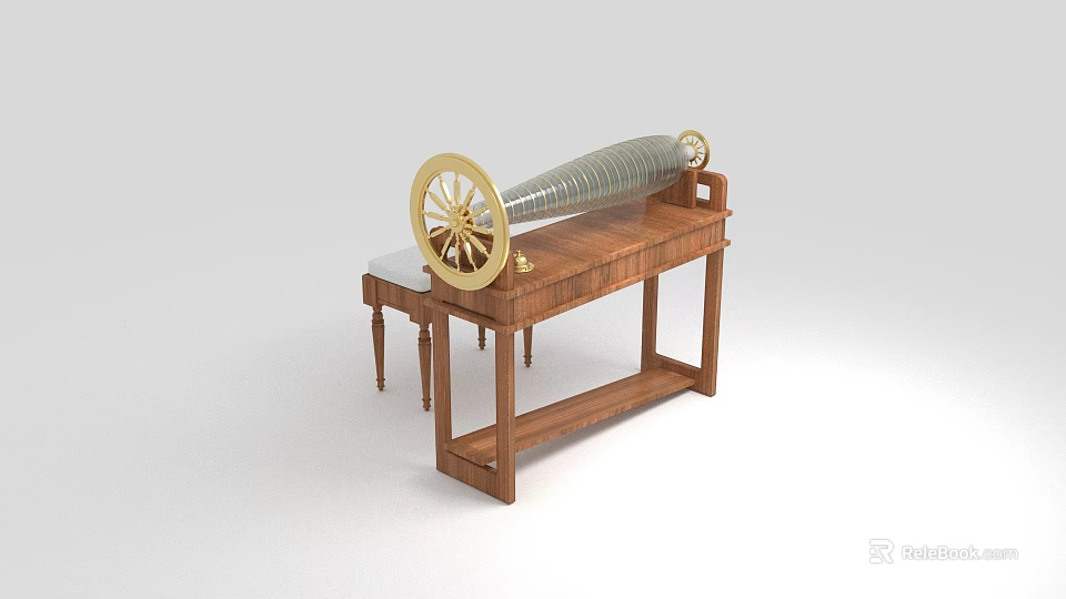 Vintage Musical Instrument and Art Supplies on Wooden Table with Golden Wheel and Transparent Tube 3d model 