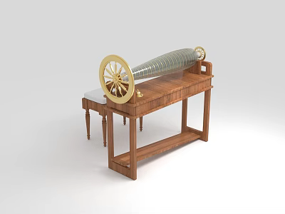 Vintage Musical Instrument and Art Supplies on Wooden Table with Golden Wheel and Transparent Tube 3d model