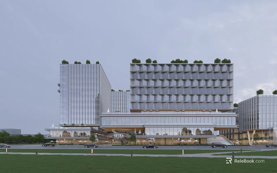 Modern High Rise Hotel Building With Glass Facade Green Roof And Exterior Cars 3d model 
