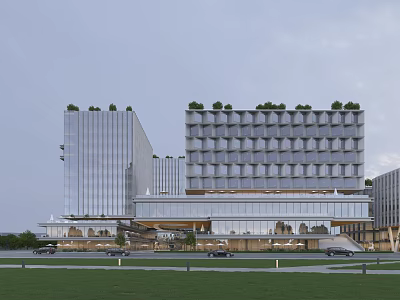 Modern High Rise Hotel Building With Glass Facade Green Roof And Exterior Cars 3d model