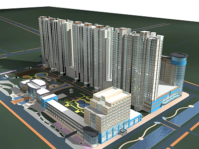 Modern High Rise Residential Complex With Commercial Buildings And Surrounding Green Areas 3d model