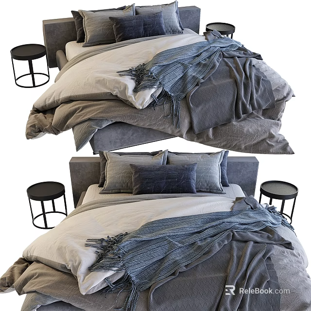 Double Bed with Gray and Beige Bedding Throw Blanket Pillows and Black Metal Side Tables 3d model 