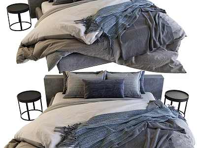 Double Bed with Gray and Beige Bedding Throw Blanket Pillows and Black Metal Side Tables 3d model