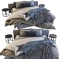 Double Bed with Gray and Beige Bedding Throw Blanket Pillows and Black Metal Side Tables