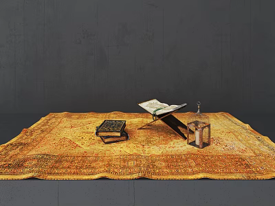 Traditional Books And Open Manuscript On Golden Patterned Carpet With Lantern 3d model
