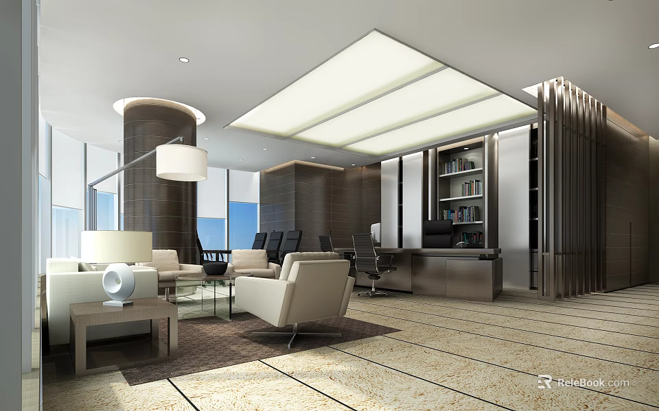 Modern Office Interior Design With Sofa Desk Bookshelf Lighting And Floor to Ceiling Windows 3d model 