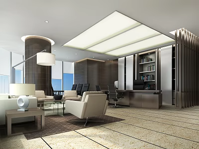 Modern Office Interior Design With Sofa Desk Bookshelf Lighting And Floor to Ceiling Windows 3d model