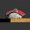 Two Pieces of Pink Sushi Placed on Wooden Board With Green Garnish
