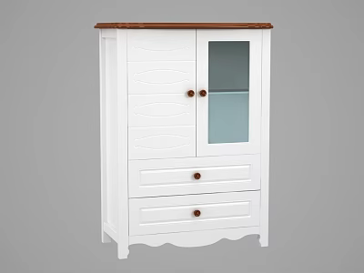 White Decorative Cabinet With Glass Door Drawers And Brown Wooden Top 3d model