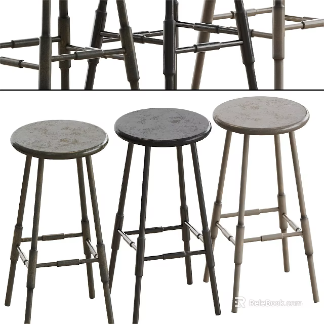 Bar Stools With Bamboo Frames And Gray Black Light Colored Seats 3d model
