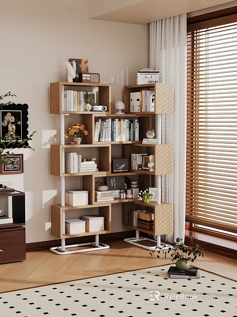 Wooden Shelf Unit With Books Decorations Vase And Storage Boxes Near Window Blinds 3d model 