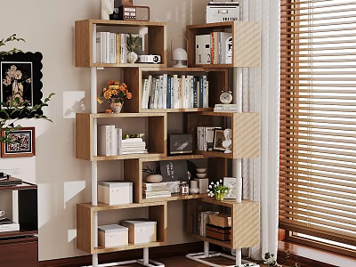Wooden Shelf Unit With Books Decorations Vase And Storage Boxes Near Window Blinds 3d model