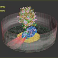 Car With Headlights On Near Autumn Tree In Circular Area