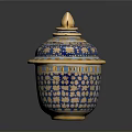 Blue and Gold Carved Sculpture with Ornate Lid and Intricate Floral Patterns