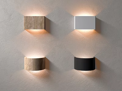Square Round Shaped Wall Lamps with White Black Brown Wood Tones Illuminated on Gray Wall 3d model