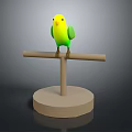 Vibrant Yellow Green Parrot Perched On Wooden Stick With Round Base Against Dark Background