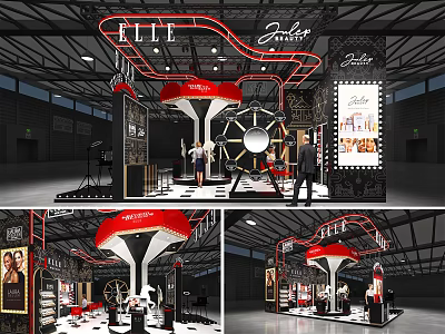 ELLE Jouet Exhibition Booth With Neon Signs Red Black Design And Large Gear Decoration 3d model