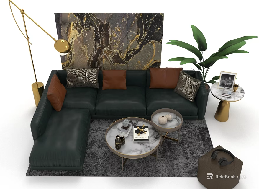 Dark Green Sofa And Coffee Table Set With Cushions Floor Lamp Green Plant And Artwork 3d model 