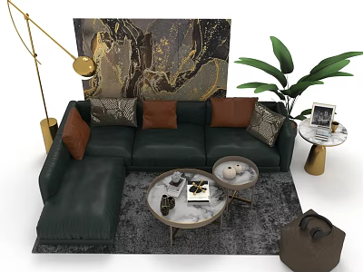 Dark Green Sofa And Coffee Table Set With Cushions Floor Lamp Green Plant And Artwork 3d model