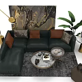 Dark Green Sofa And Coffee Table Set With Cushions Floor Lamp Green Plant And Artwork