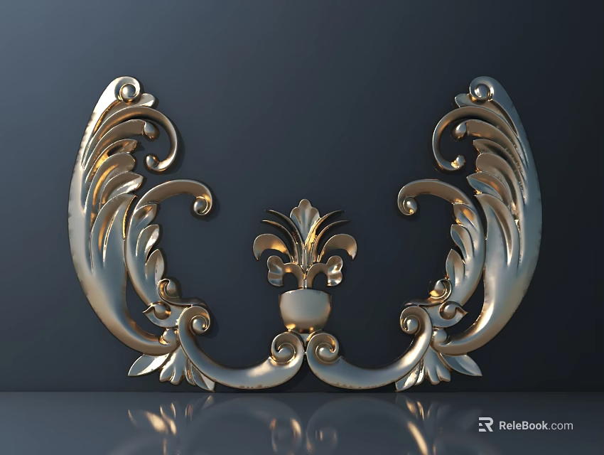 Ornate Metallic Carved Ornament With Symmetrical Curved Patterns And Central Decorative Element 3d model 
