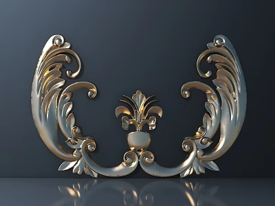 Ornate Metallic Carved Ornament With Symmetrical Curved Patterns And Central Decorative Element 3d model