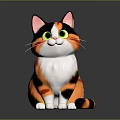 Colorful Cartoon Cat Sitting With Orange Black White Fur Green Eyes And Pink Ears