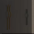 Curved Wooden And Metal Cabinet Handles In Brown Black On Dark Wood Panel