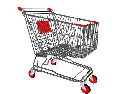 Public Shopping Cart With Metal Frame Red Handles And Red Wheels 3d model