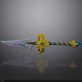 3D Rendered Fantasy Sword With Intricate Blade Blue Yellow Striped Hilt And Ornate Guard