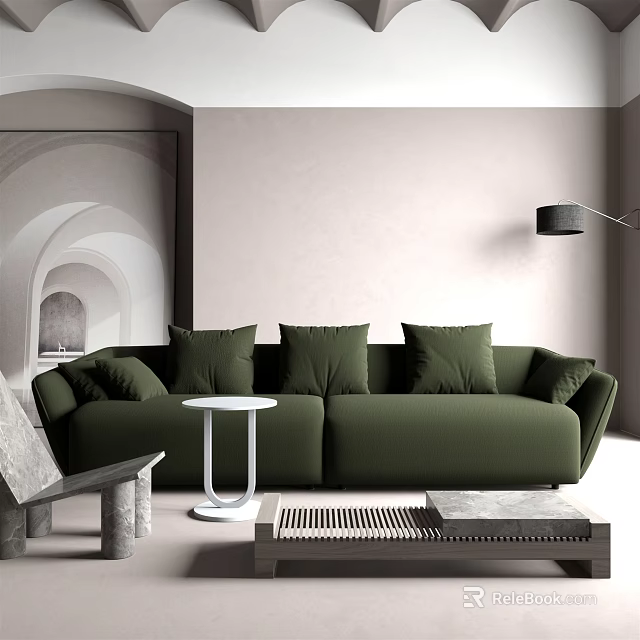 Modern Living Room Interior With Green Sofa And White Coffee Table Set 3d model