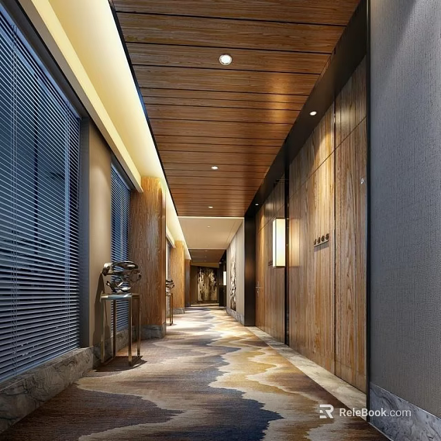 Modern Elevator Hallway With Wooden Ceiling Panel Walls And Decorative Sculpture 3d model 