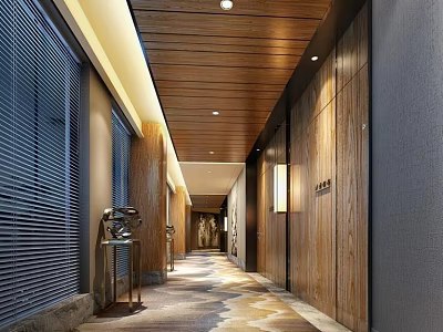 Modern Elevator Hallway With Wooden Ceiling Panel Walls And Decorative Sculpture 3d model