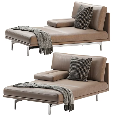 Brown Leather Chaise Lounge With Plaid Pillow Gray Blanket And Metal Legs 3d model
