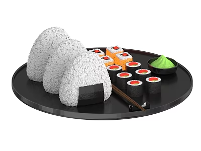 Fresh Onigiri And Sushi Rolls On Black Plate With Wasabi And Chopsticks 3d model