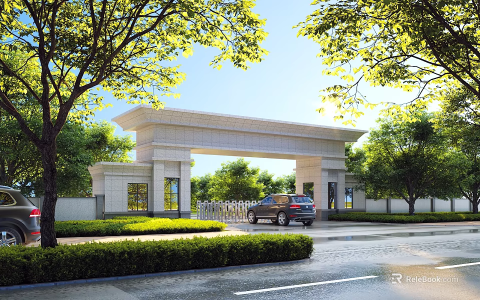 Grand White Stone Entrance Gate With Columns Surrounded By Green Trees And Lawn 3d model 