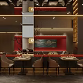 Elegant Restaurant Interior With Dining Tables Chairs Wall Art Decorative Plants And Pendant Lights