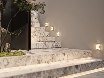 Modern Wall Lights Illuminating Marble Steps Entryway With White Sculpture And Green Plants 3d model