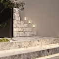 Modern Wall Lights Illuminating Marble Steps Entryway With White Sculpture And Green Plants