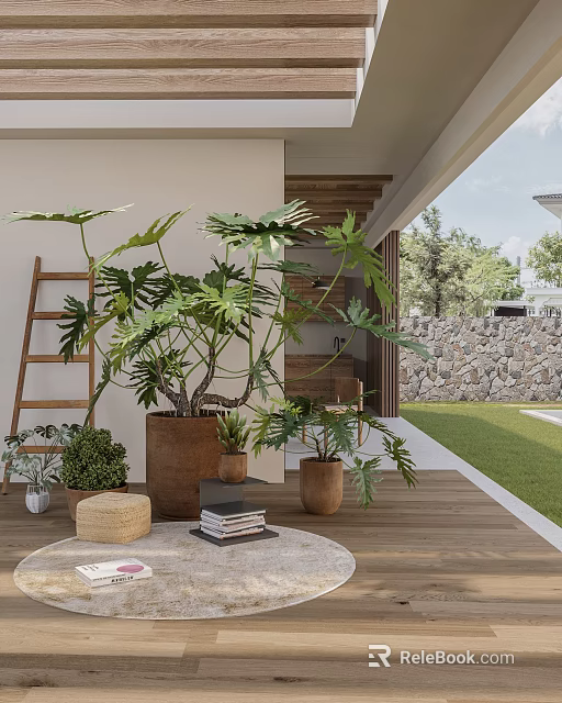Lush Plant Combination with Large Green Plants Brown Pots and Wooden Ladder on Patio 3d model 